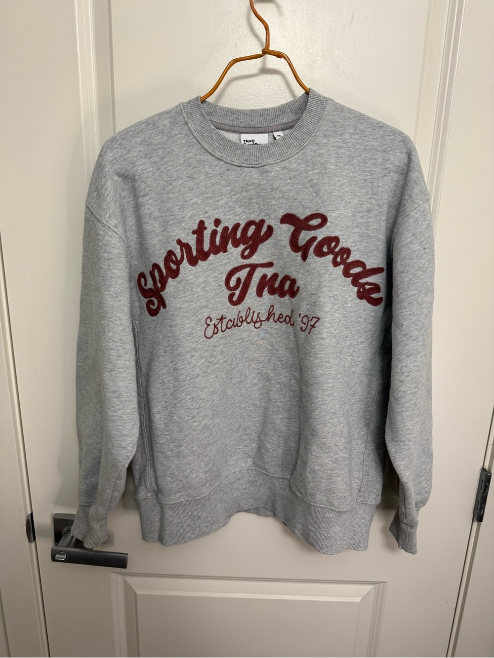 TNA Sweatfleece Crewneck Boyfriend Fit Sweatshirt with Burgundy Logo in size XS